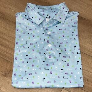 Deolax Polo Shirt Mens large Blue Short Sleeve Golf Golfing Flag Fruit Stretch